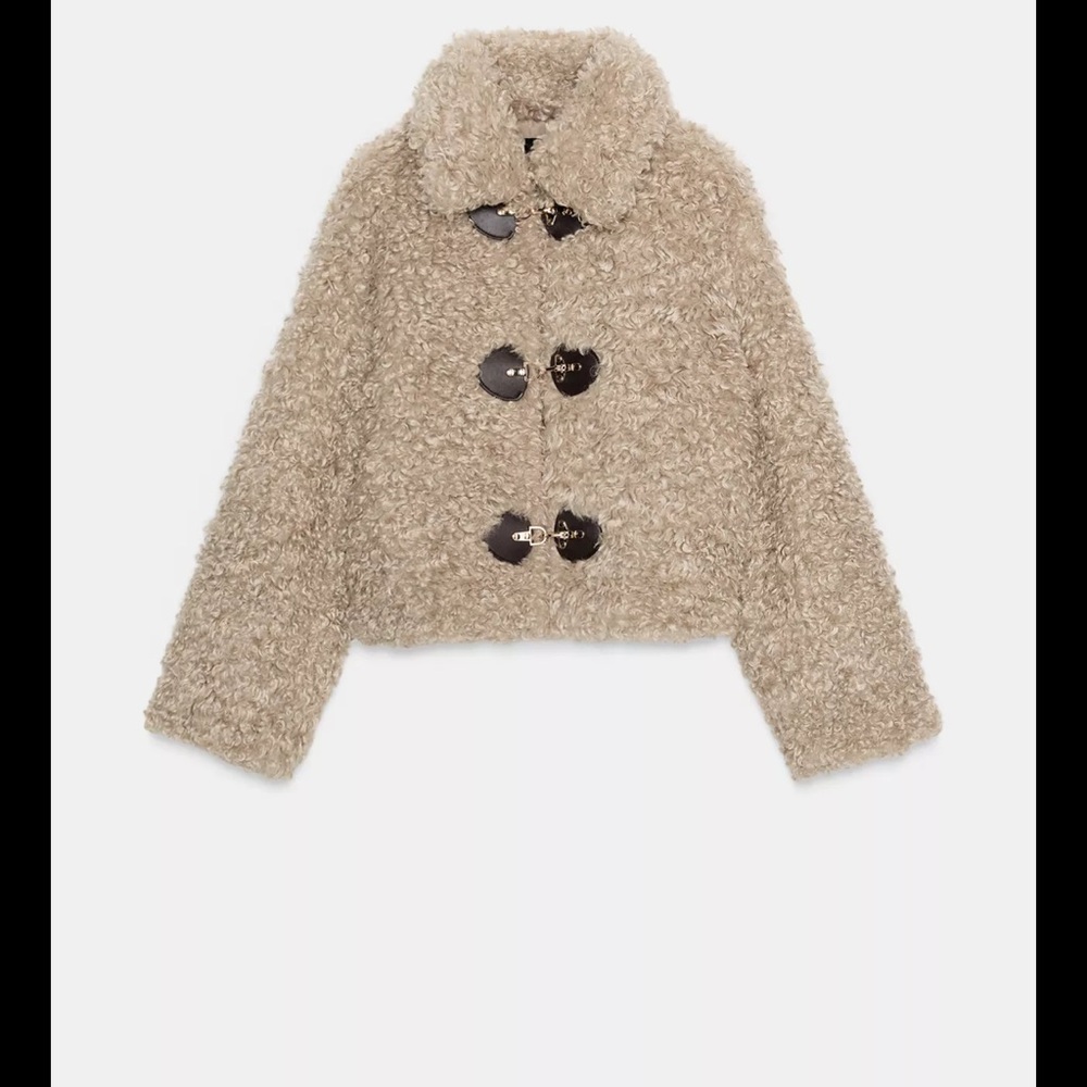 Zara Beige Faux Shearling Pea Coat with Toggle Details